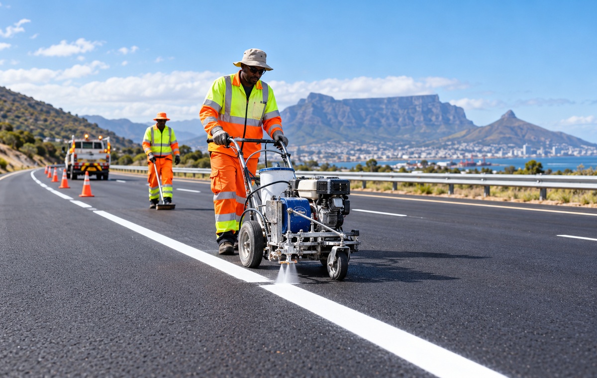 Road line marking machine painting a white line